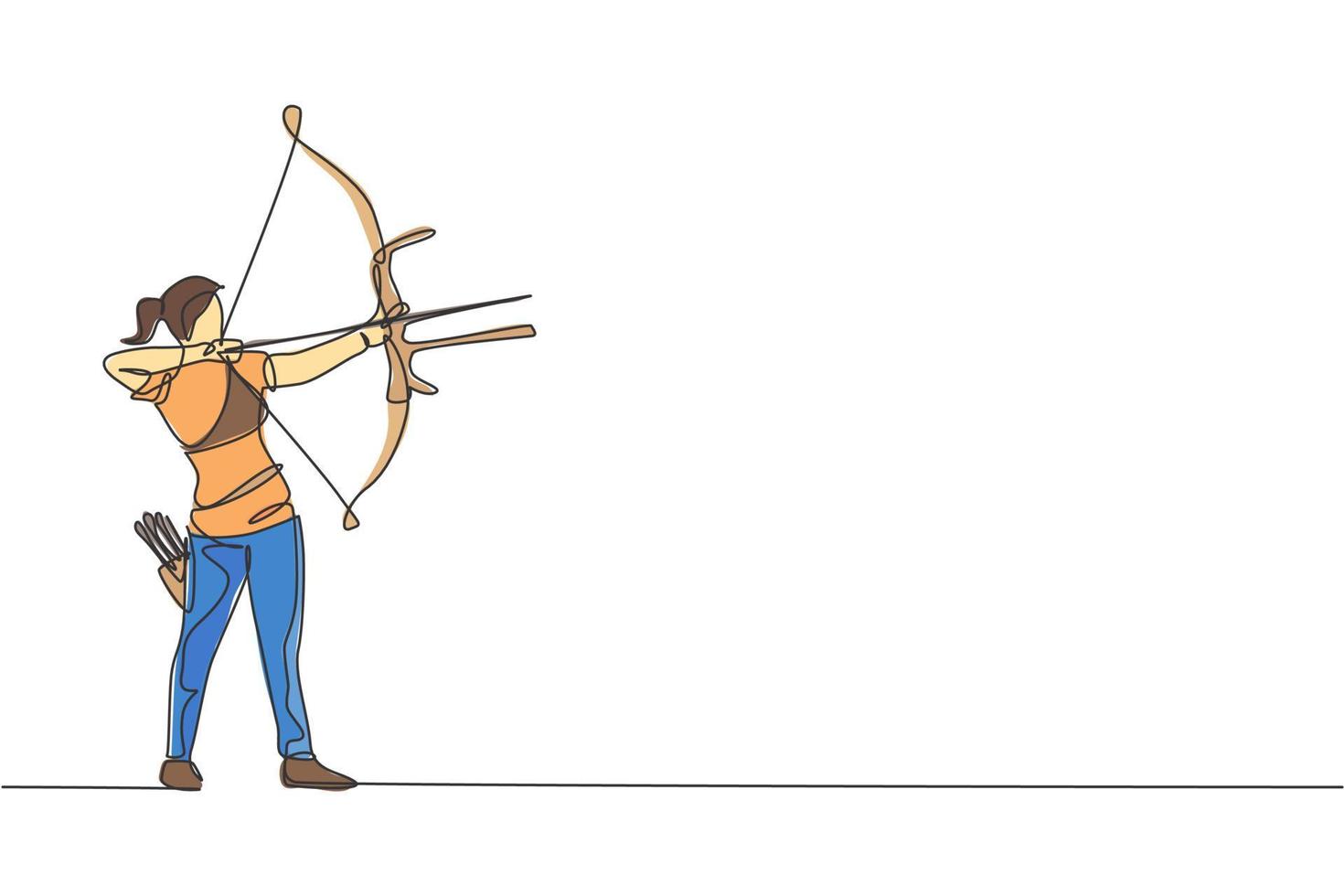 One continuous line drawing of young archer woman pulling the bow to