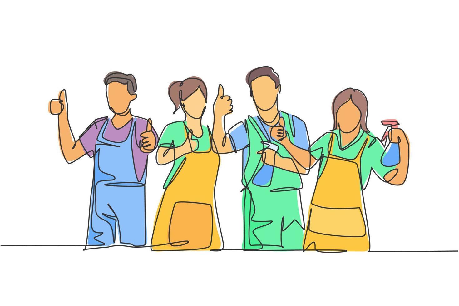 One line drawing of groups of group male and female janitor giving thumbs up gesture. Cleaning service teamwork concept. Continuous line draw design vector illustration