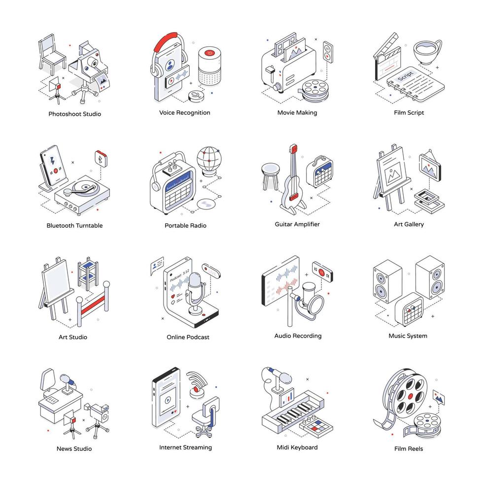 paquete de multimedia isométrica íconos vector