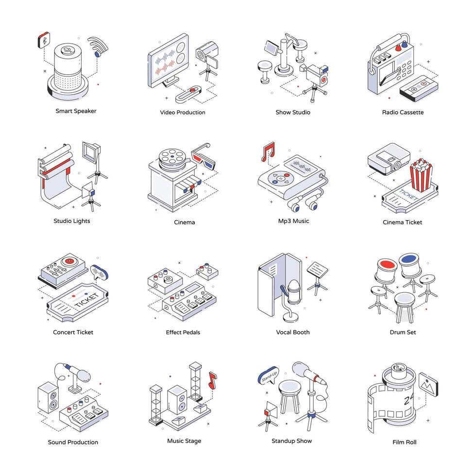 colección de rodaje y estudio isométrica íconos vector