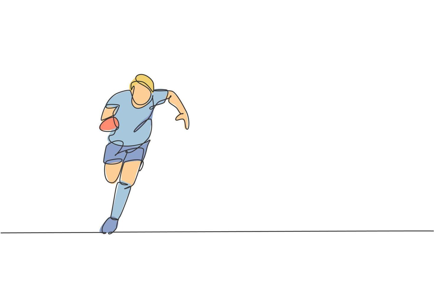 un dibujo de línea continua de un joven jugador de rugby que corre y sostiene la pelota. concepto de deporte agresivo competitivo. ilustración de vector de diseño de dibujo de línea única dinámica para medios de promoción de torneos