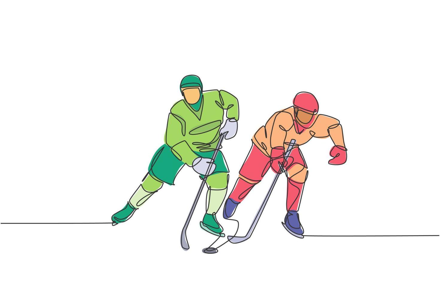 una línea continua dibujando a dos jóvenes jugadores profesionales de hockey sobre hielo haciendo ejercicio juntos en el estadio de pista de hielo. concepto de deporte extremo saludable. Ilustración de vector de diseño gráfico de dibujo de línea única dinámica