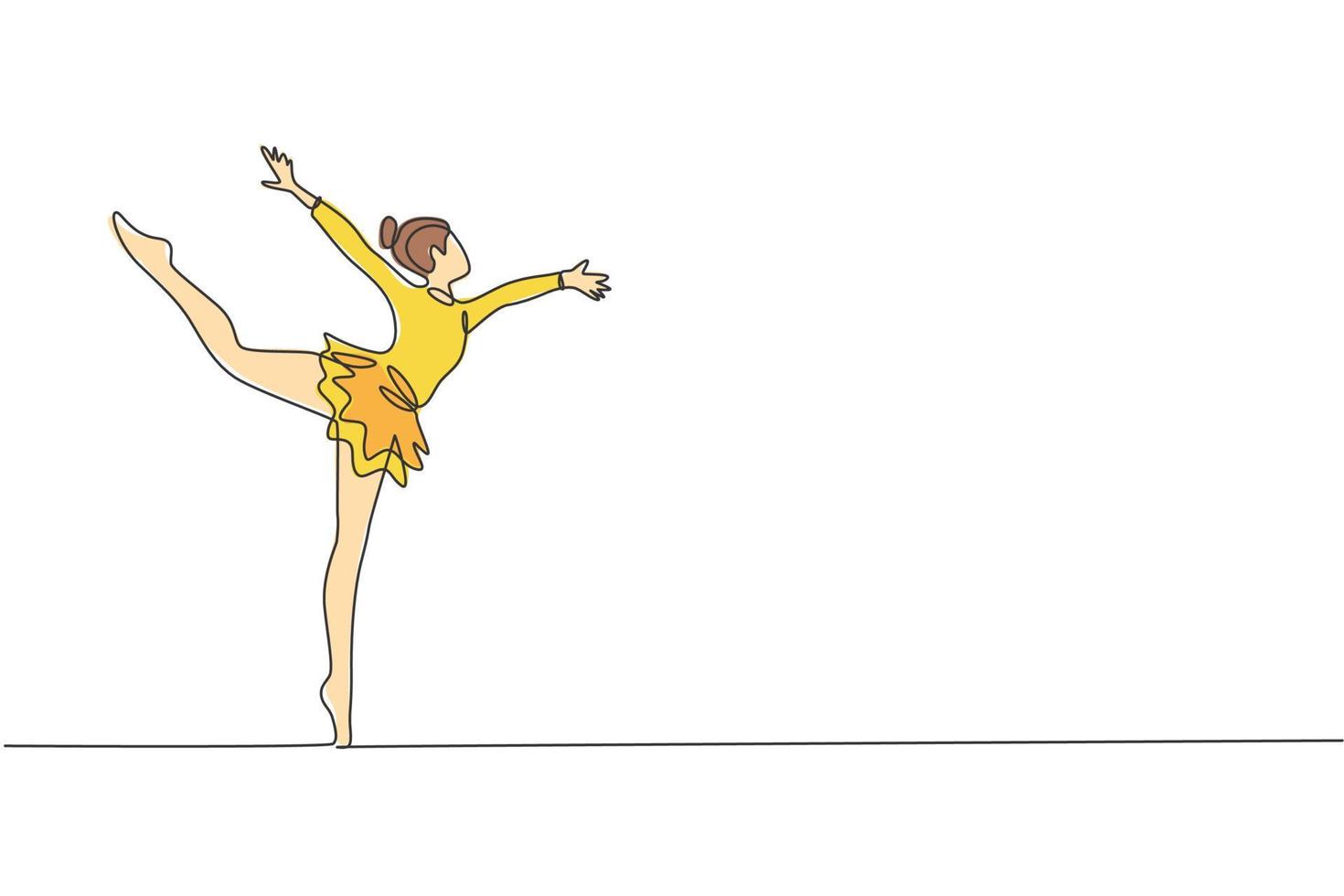 One single line drawing of young beauty gymnast girl exercise floor rhythmic gymnastic at gym vector illustration. Healthy athlete teen lifestyle and sport concept. Modern continuous line draw design