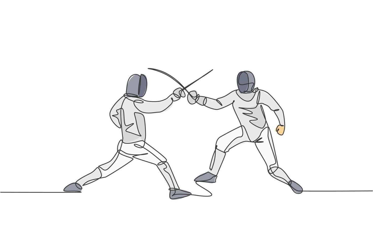 un dibujo de una sola línea de dos atletas de esgrimista en traje de esgrima ejerciendo movimiento en la ilustración de vector de arena deportiva. concepto de deporte combativo y de lucha. diseño moderno de dibujo de línea continua