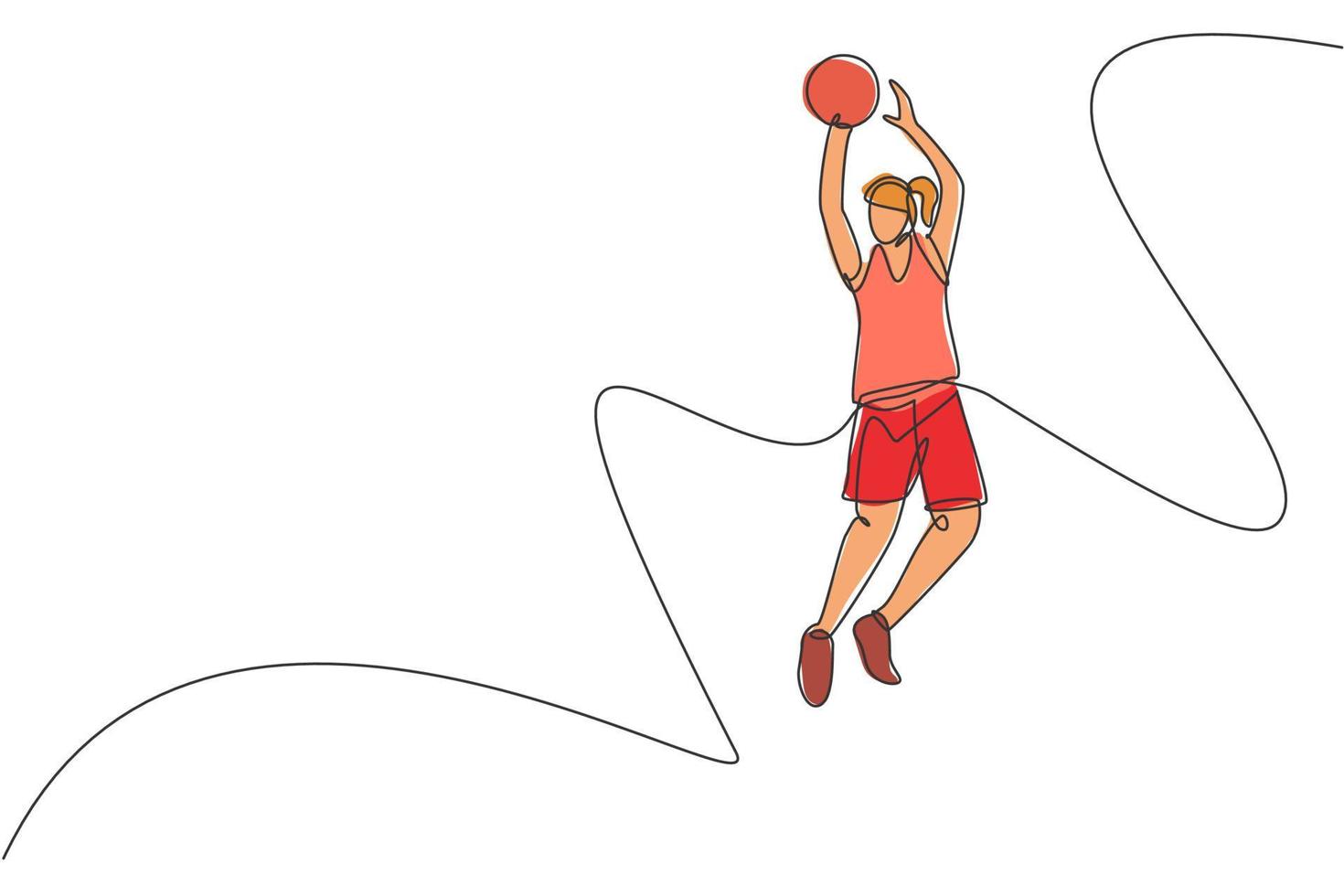 One single line drawing of young energetic basketball player jumping and shooting ball vector illustration. Healthy sport concept. Modern continuous line draw design for basketball tournament banner
