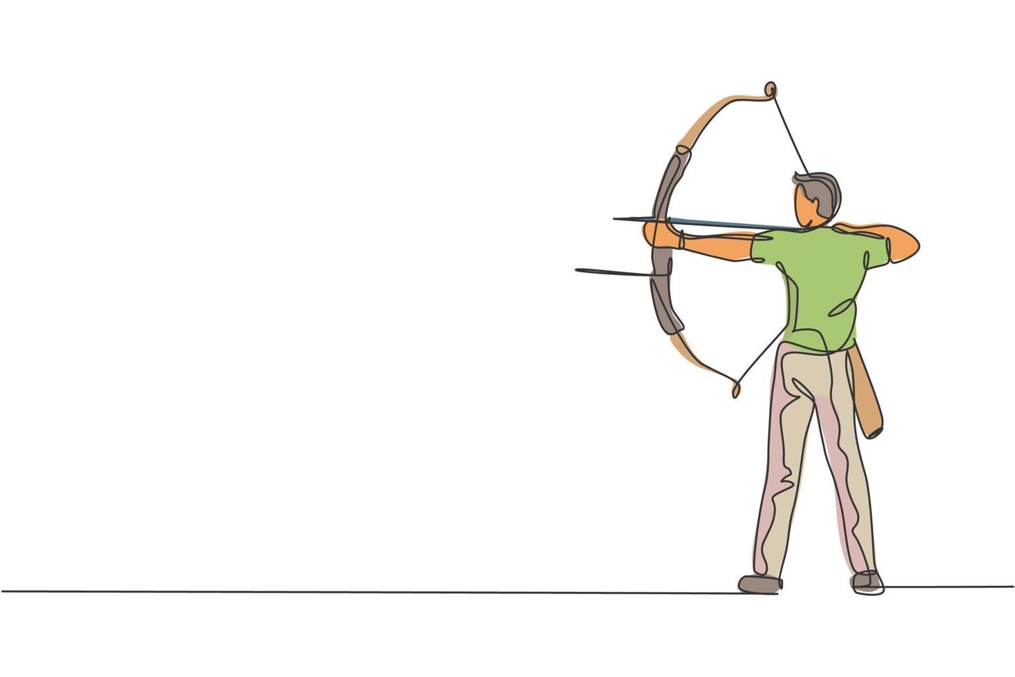 Single continuous line drawing of young professional archer man focus aiming archery target. Archery sport exercise with the bow concept. Trendy one line draw design graphic vector illustration