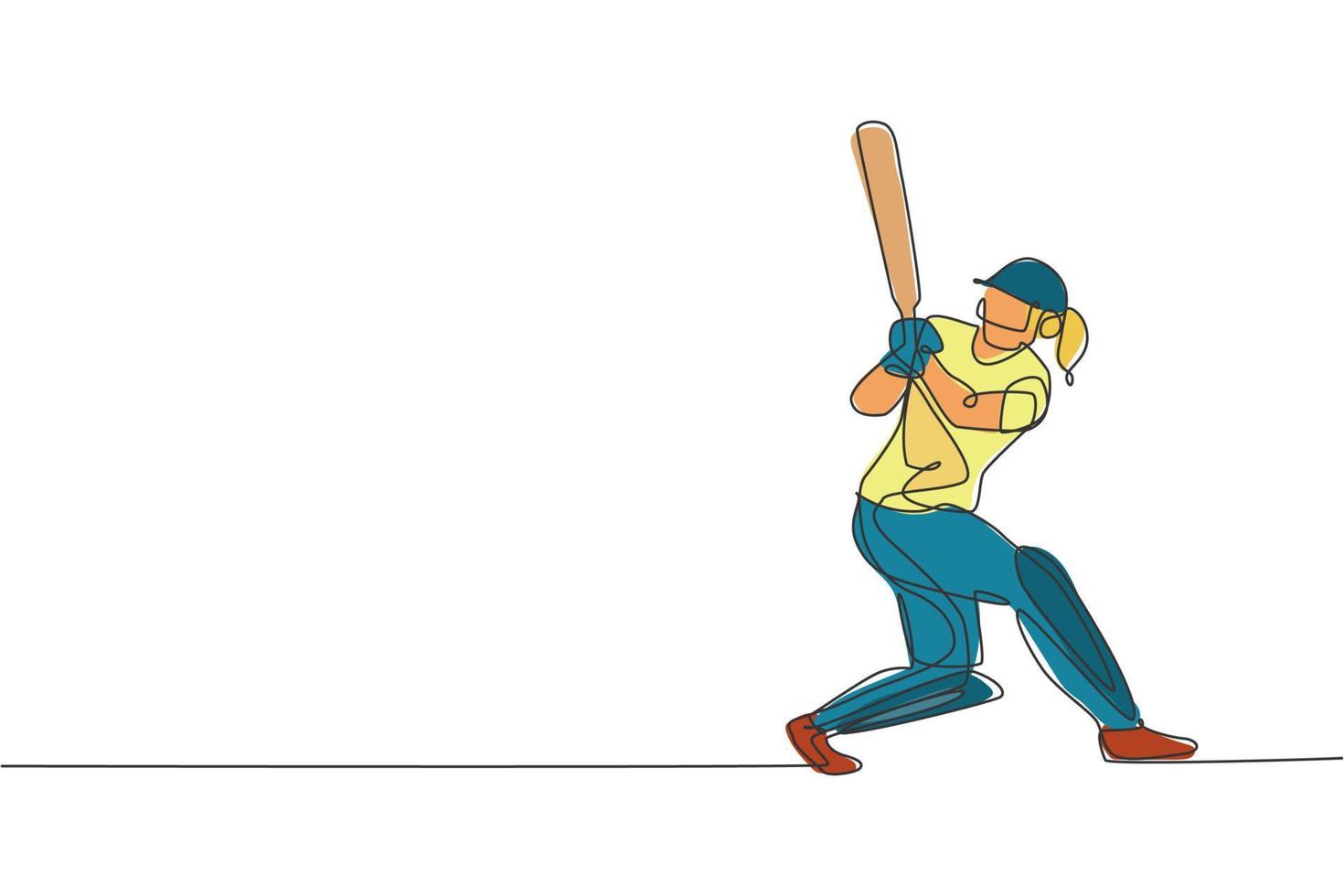 un dibujo de línea continua de la práctica de enfoque del jugador de cricket de mujer joven para balancear la ilustración de vector de bate de cricket. concepto de deporte competitivo. diseño dinámico de dibujo de una sola línea para póster publicitario