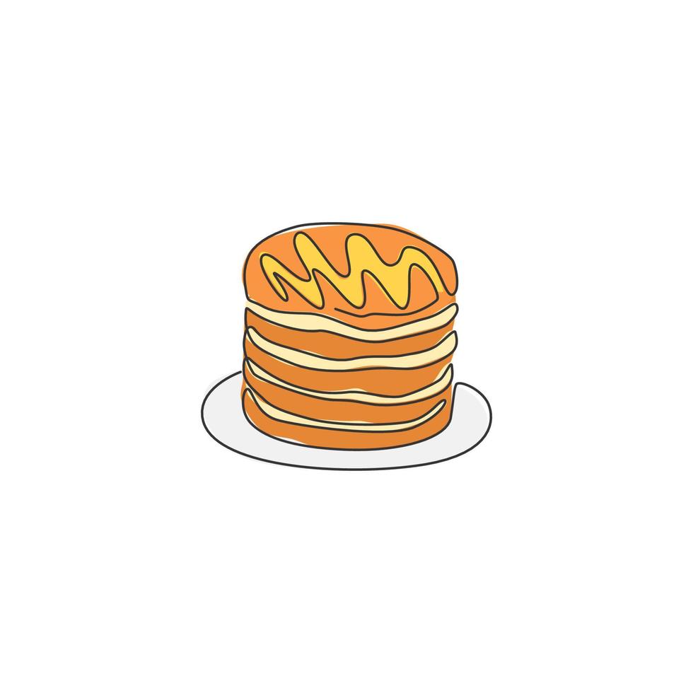 un dibujo de línea continua del emblema del logotipo del restaurante apilado de panqueques americanos frescos y deliciosos. concepto de plantilla de logotipo de tienda de café de comida de desayuno. ilustración de vector de diseño de dibujo de línea única moderna