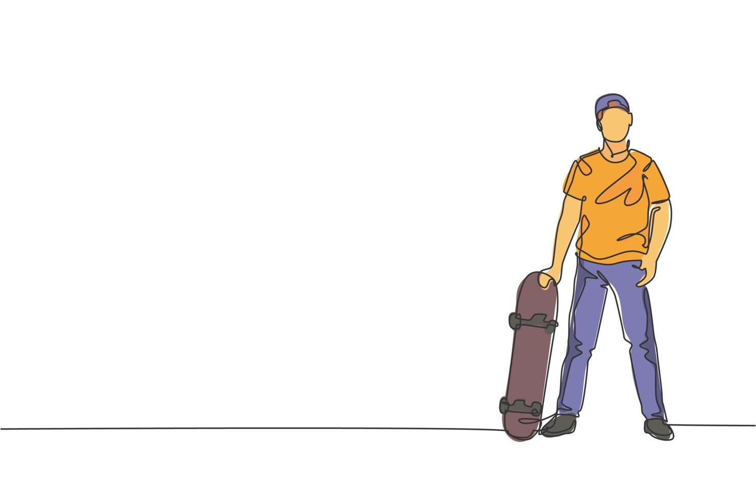 un dibujo de una sola línea de un joven patinador que sostiene un monopatín y posa en la ilustración vectorial de la calle de la ciudad. estilo de vida adolescente y concepto de deporte extremo al aire libre. diseño moderno de dibujo de línea continua vector
