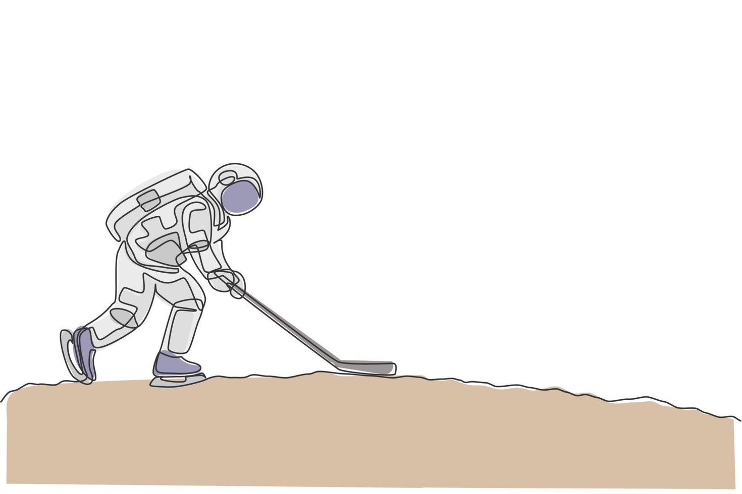 One continuous line drawing of astronaut training ice hockey on moon surface, deep space galaxy. Spaceman healthy fitness sport concept. Dynamic single line draw design graphic vector illustration