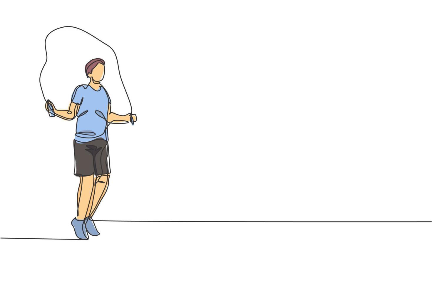 Single continuous line drawing of young happy man exercise jumping with skipping rope in sport center gym club. Sport training fitness concept. Trendy one line draw design graphic vector illustration