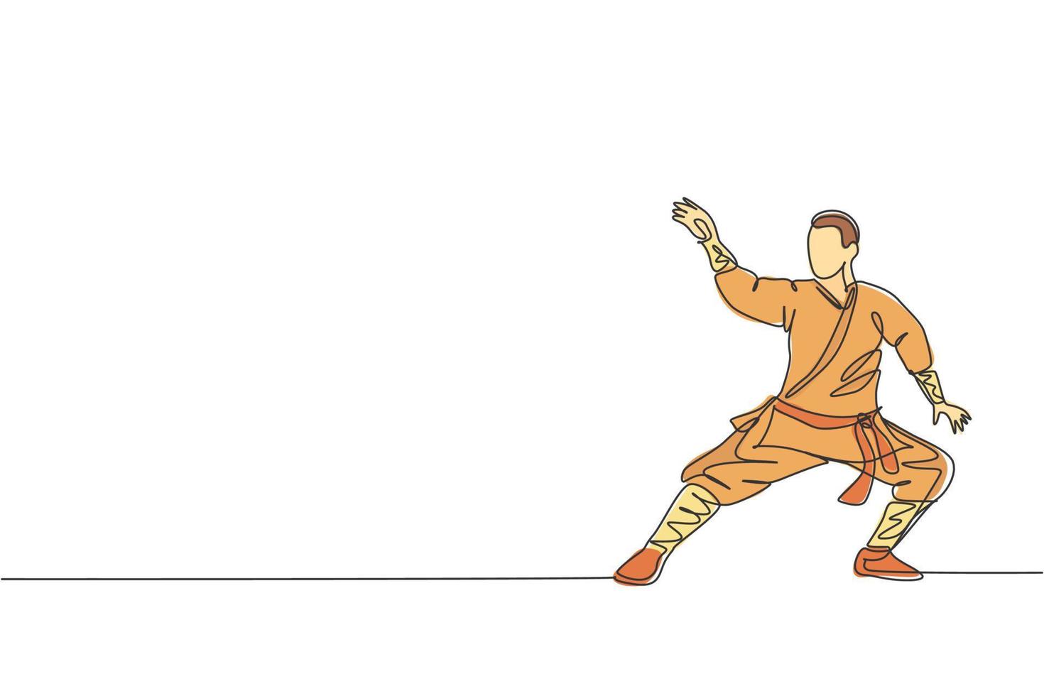 Single continuous line drawing young muscular shaolin monk man train martial art at shaolin temple. Traditional Chinese kung fu fight concept. Trendy one line draw design graphic vector illustration