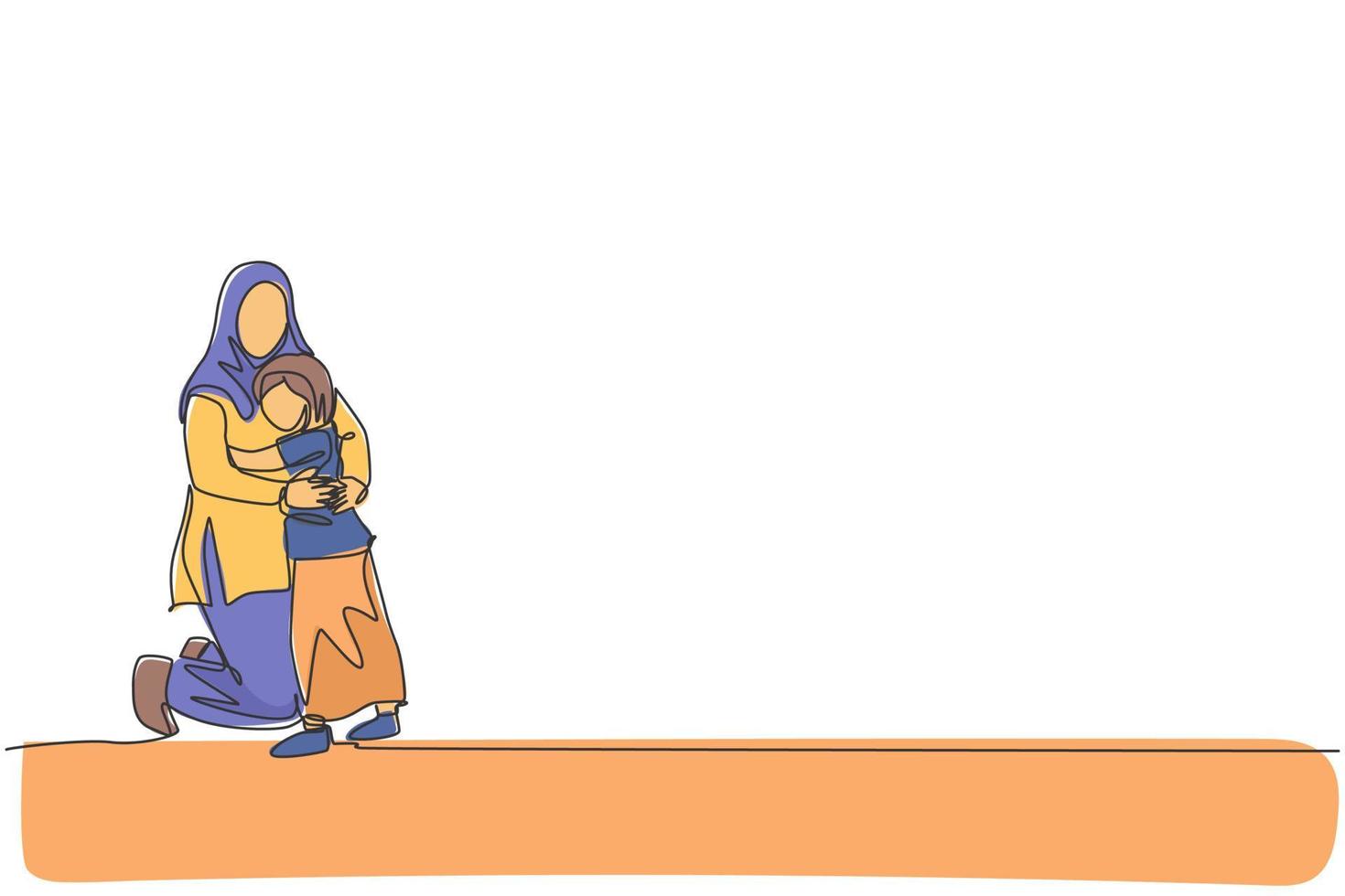 One continuous line drawing of young Islamic mother hugging daughter girl full of love and warmth. Arabian muslim happy family parenting concept. Dynamic single line draw design vector illustration