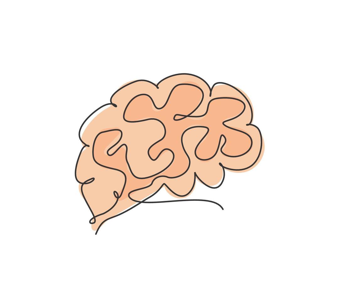 One single line drawing of brain from side view for memory supplement food company logo identity. Human organ icon concept for medical science. Trendy continuous line draw design vector illustration