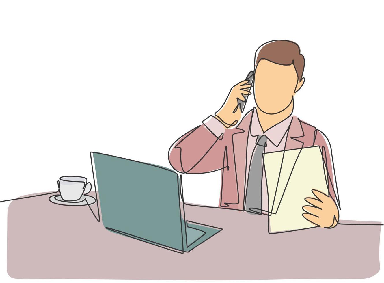 One single line drawing of young male manager reading company annual report while receiving phone call from staff at the office. Check report concept continuous line draw design vector illustration