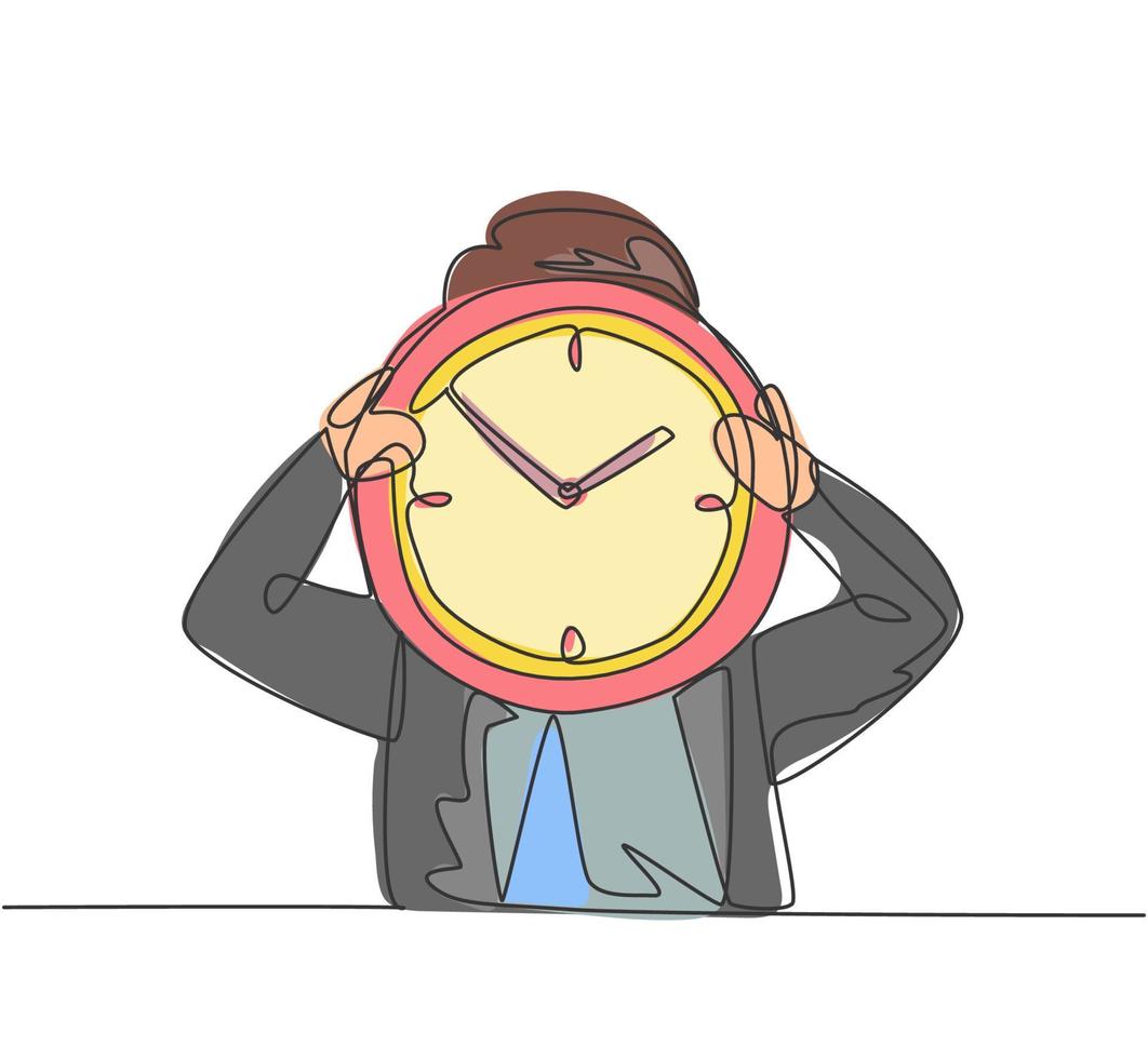 Single continuous line drawing young business man holding giant analog clock in front his head. Minimalism metaphor business deadline concept. Dynamic one line draw graphic design vector illustration