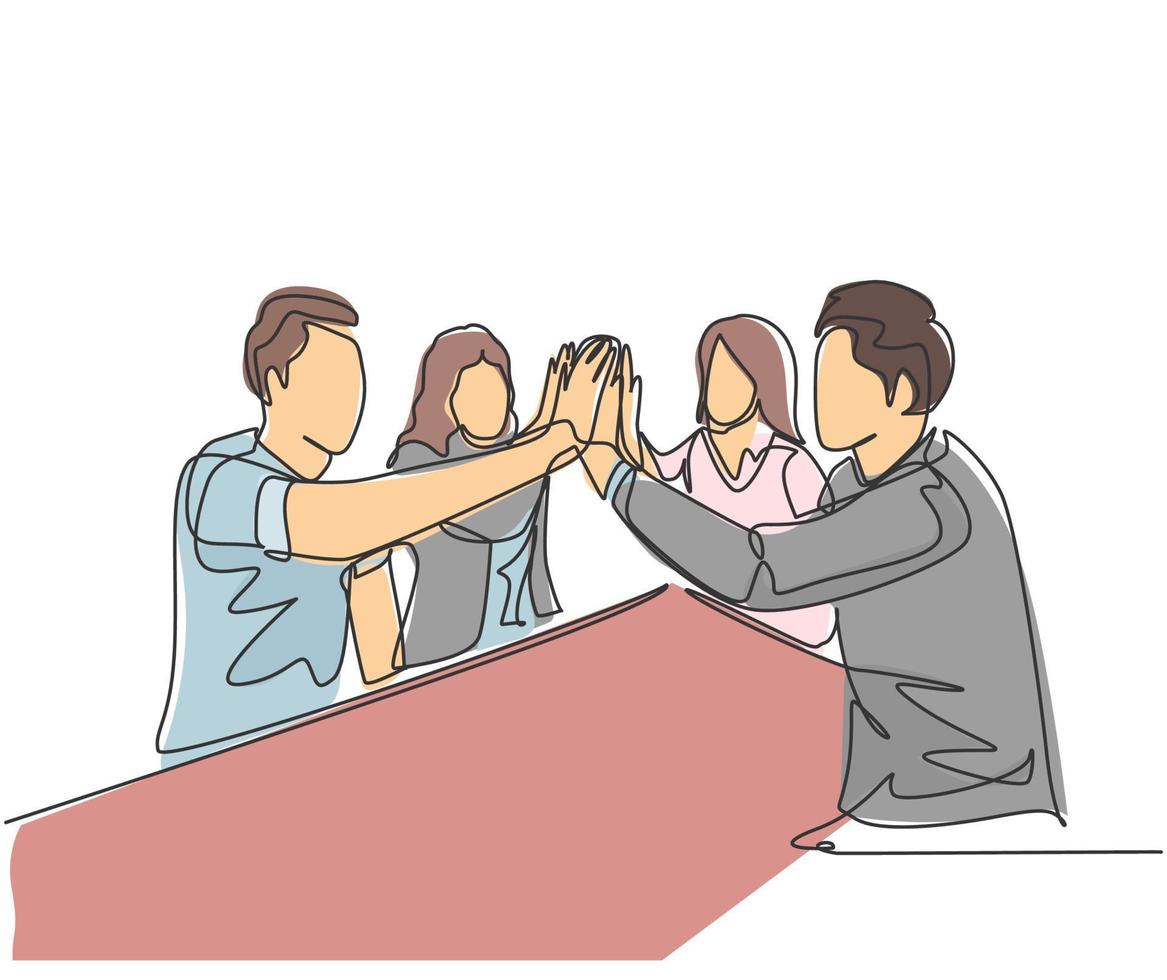 One line drawing of young businessmen and businesswomen celebrating their successive goal at the business meeting with high five gesture. Business deal concept continuous line draw design illustration vector