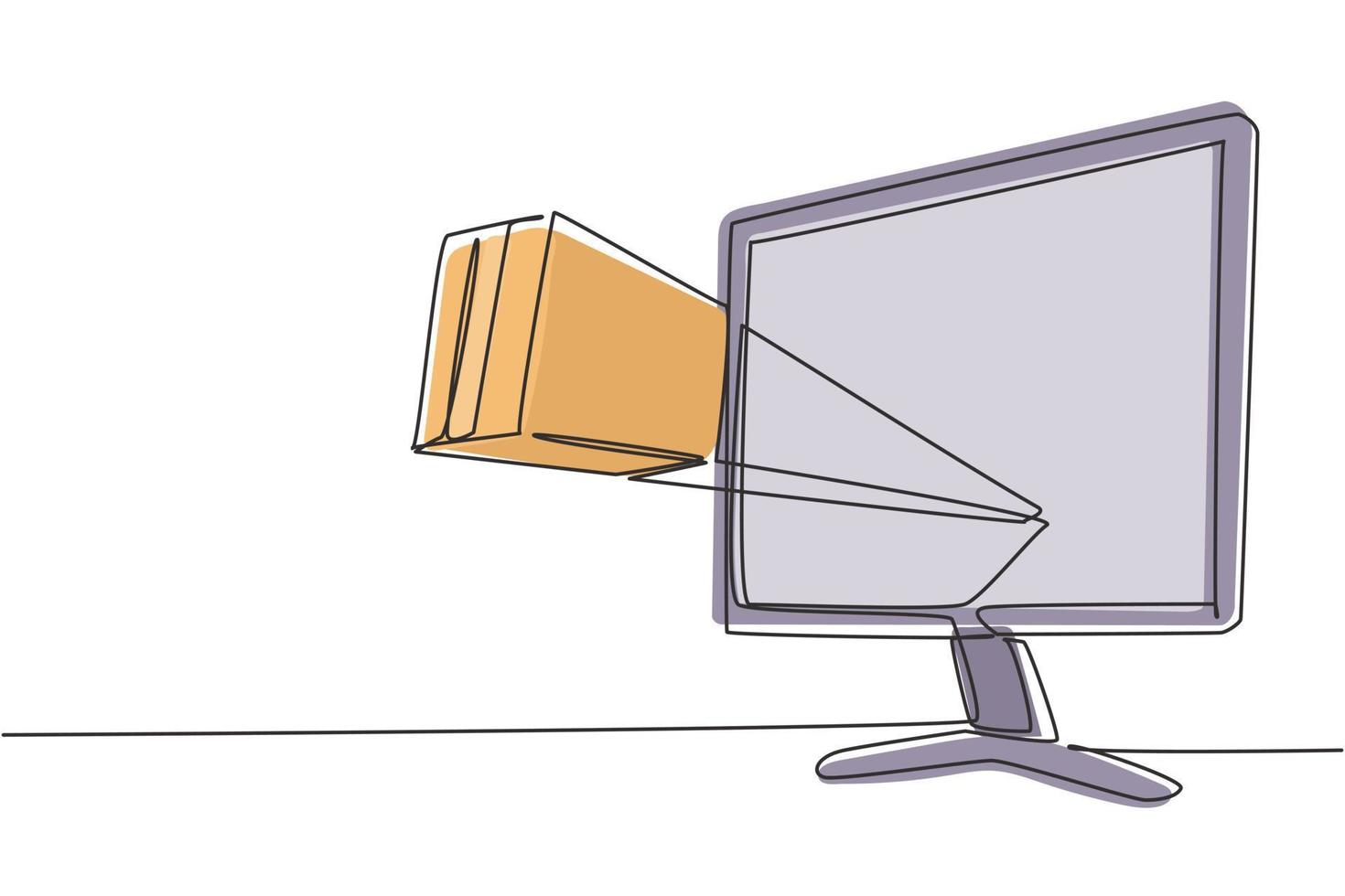 Single one line drawing package box out of monitor screen. Online delivery web concept. Fast respond and package shipping to customer. Modern continuous line draw design graphic vector illustration