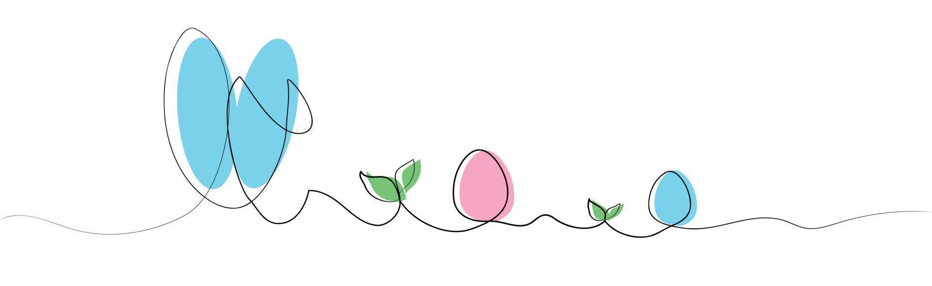 Wide simple banner with easter bunny and eggs on white background, vector illustration in line art style and minimalism. Concept - rabbit ears in the grass