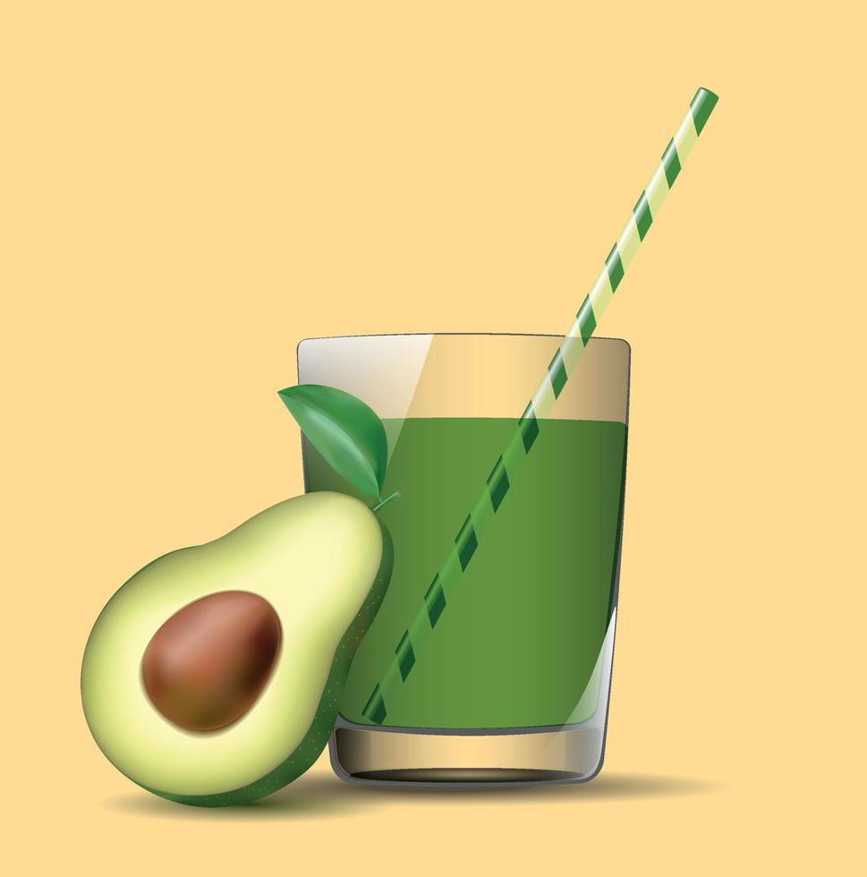 Healthy and tasty avocado smoothie in a glass transparent glass with a straw. The glass is transparent with any background. Summer green fruit drink. Vector in eps10 format, no raster effects