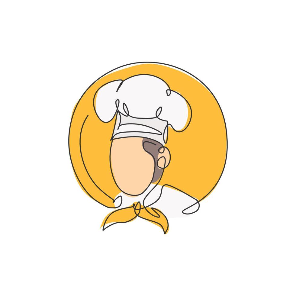 One single line drawing of chef man character for restaurant logo vector graphic illustration. Food cafe mascot badge concept. Modern continuous line draw design five star restaurant hotel logotype
