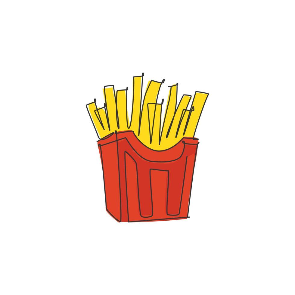 One continuous line drawing of fresh delicious American french fries restaurant logo emblem. Boxed fast food cafe shop logotype template concept. Modern single line draw design vector illustration
