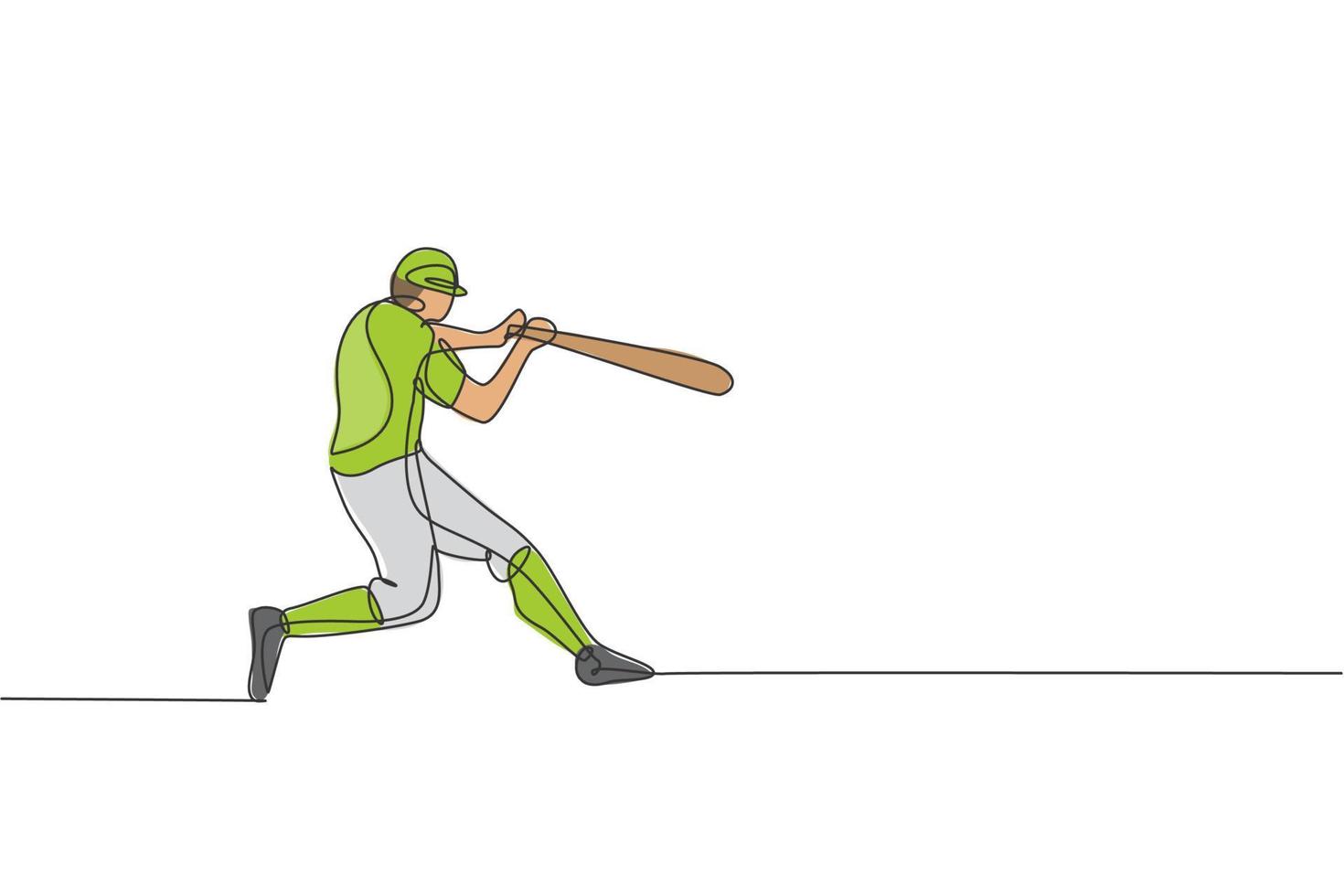 One continuous line drawing of young sporty man baseball player practice to hit the ball. Competitive sport concept. Dynamic single line draw design graphic vector illustration for promotion poster