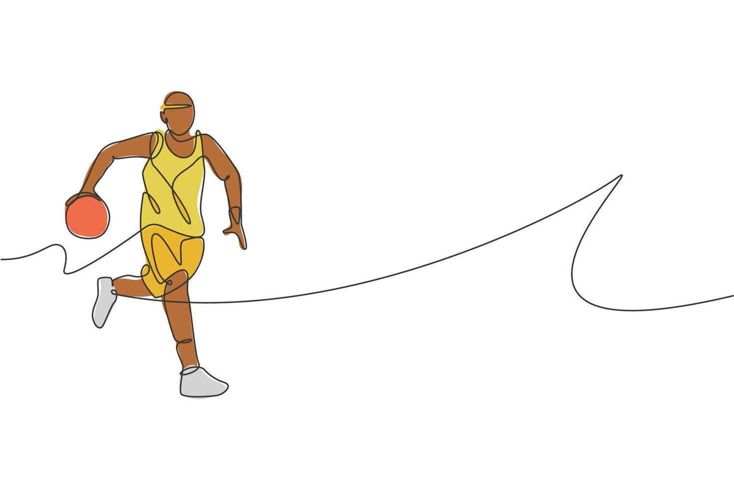 un dibujo de una sola línea de un joven jugador de baloncesto enérgico corriendo ilustración vectorial. concepto de competición deportiva. diseño moderno de dibujo de línea continua para afiches y pancartas de torneos de baloncesto vector