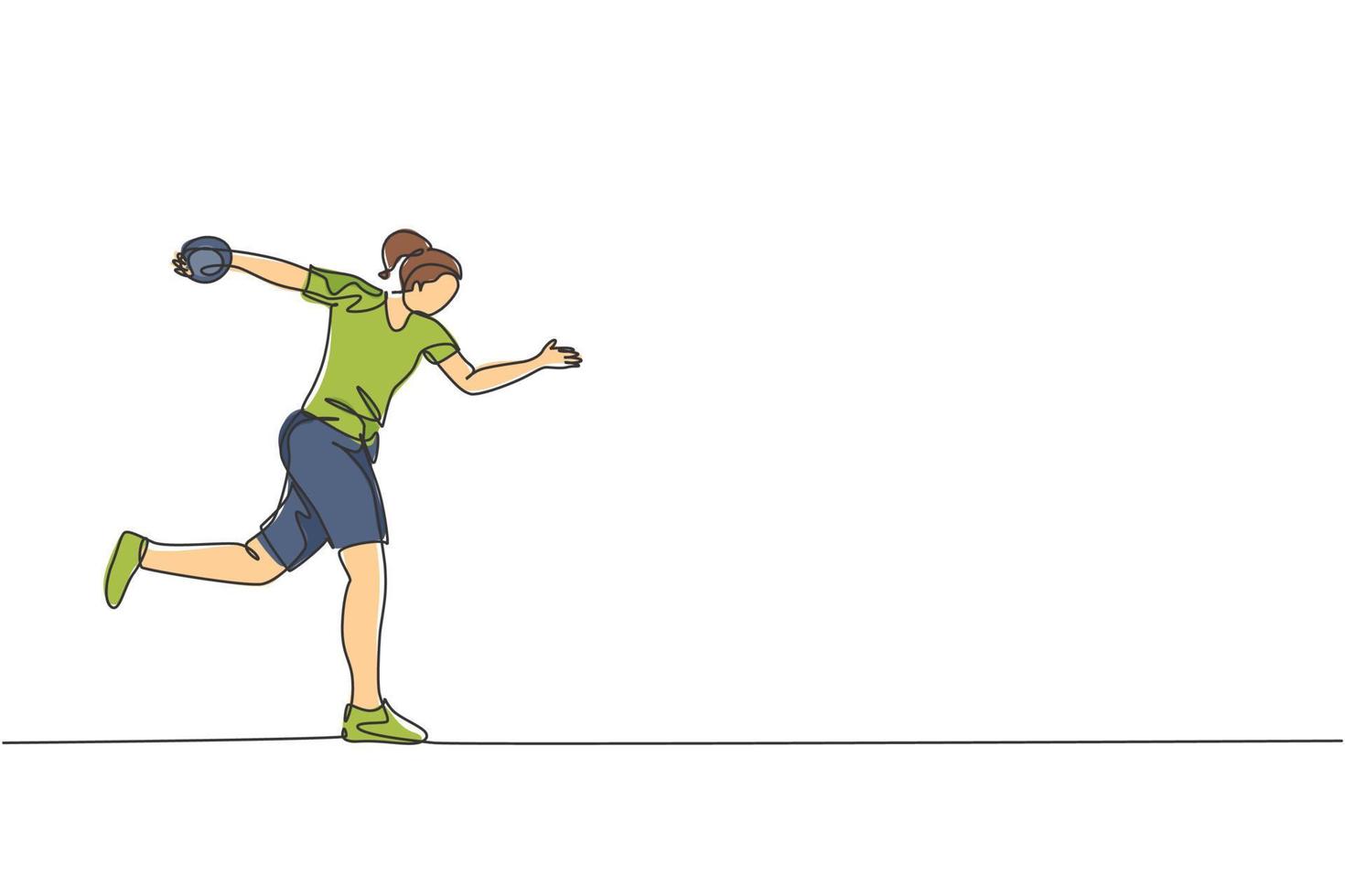 One single line drawing of young energetic woman exercise to powerfully throw discus into field ground vector illustration. Healthy lifestyle athletic sport concept. Modern continuous line draw design