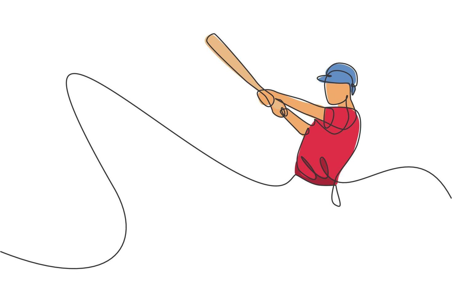 One continuous line drawing of young sporty man baseball player seriously practice at arena. Competitive sport concept. Dynamic single line draw design graphic vector illustration for promotion poster