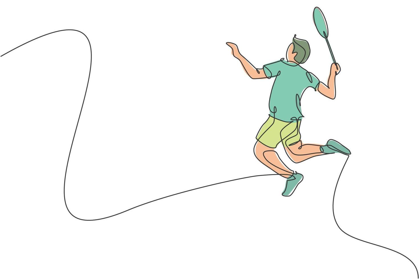 One single line drawing of young energetic badminton player jumping and smash shuttlecock vector illustration. Healthy sport concept. Modern continuous line draw design for badminton tournament poster