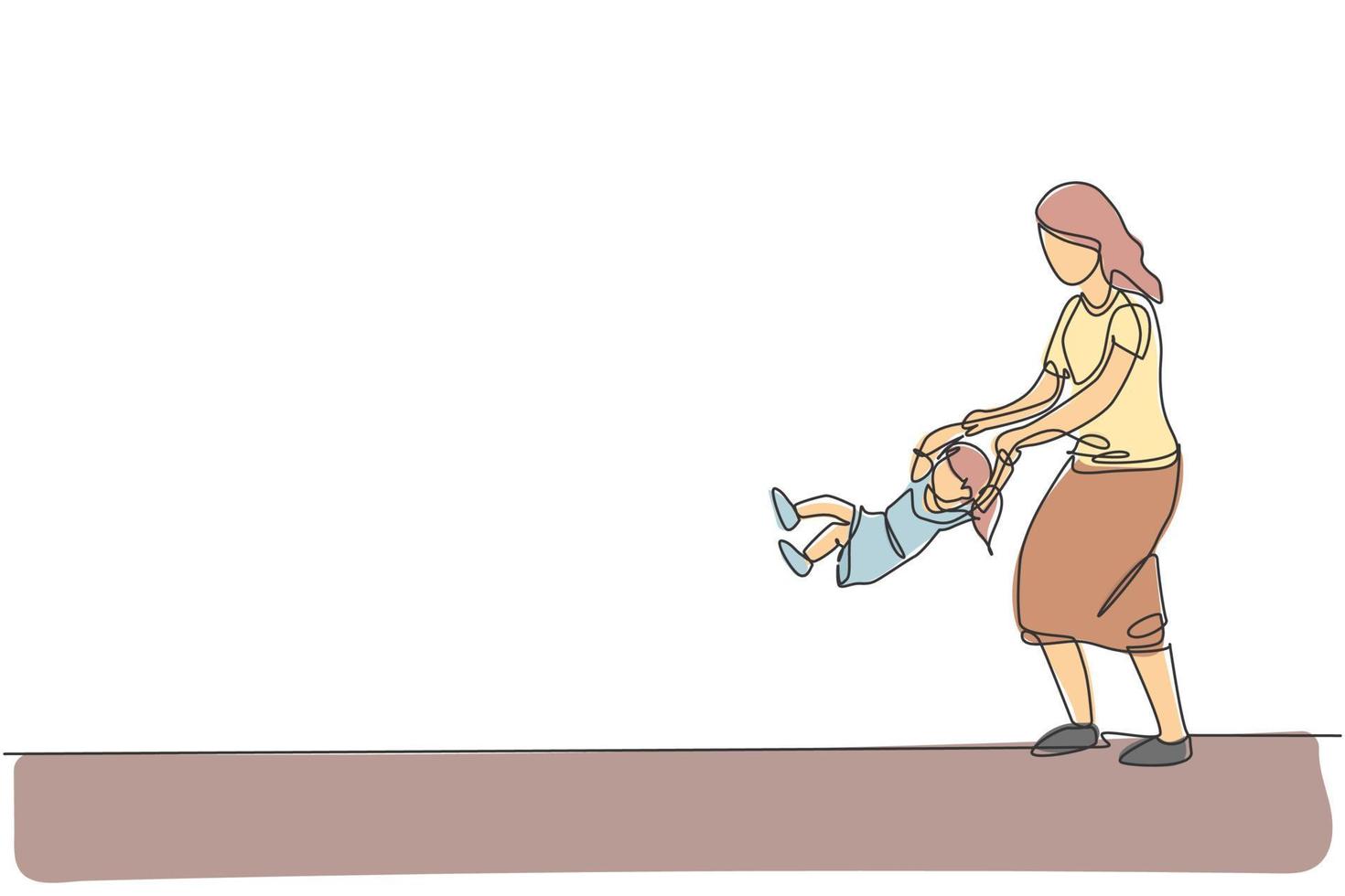 un dibujo de línea continua de una joven madre feliz jugando con su hija, levantando y balanceándose en casa. concepto de crianza de los hijos de la familia. Ilustración de vector gráfico de diseño de dibujo de línea única dinámica