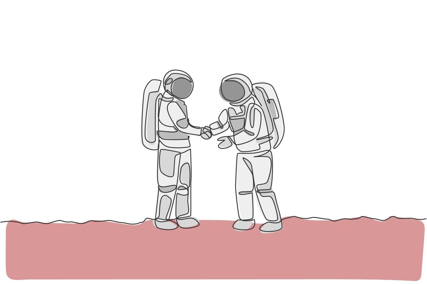 One single line drawing of two young happy astronauts giving handshake to deal project in moon surface vector graphic illustration. Cosmonaut outer space concept. Modern continuous line draw design