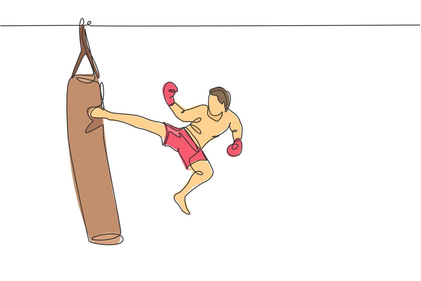 One single line drawing of young energetic man kickboxer practice jump kicking with punch bag in boxing arena vector illustration. Healthy lifestyle sport concept. Modern continuous line draw design