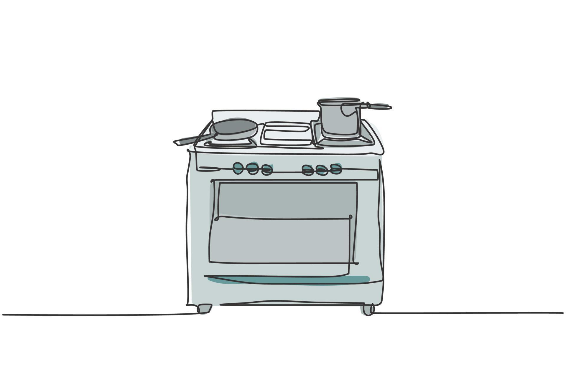 One single line drawing of gas stove with oven home appliance. Electricity household kitchenware
