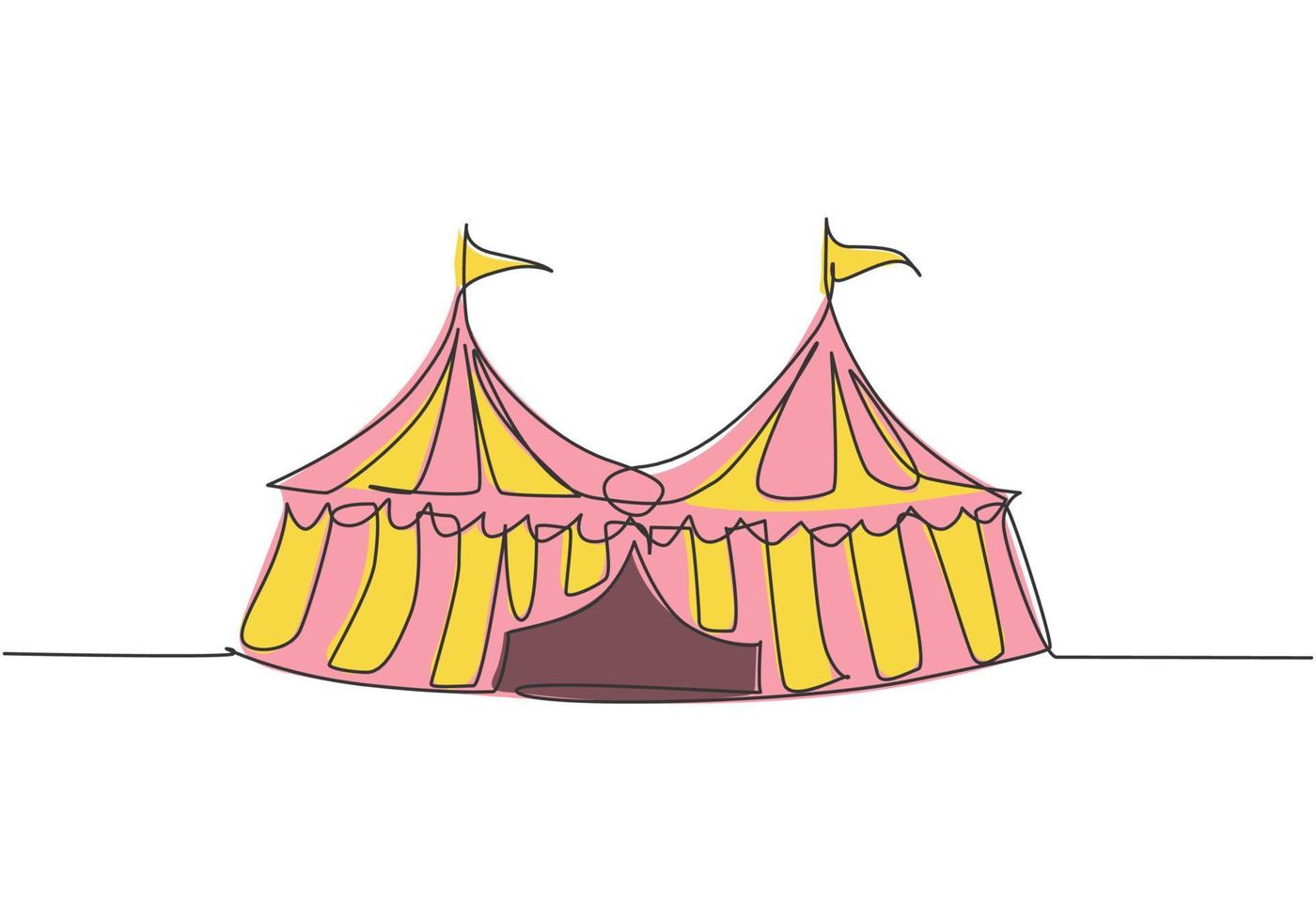 Single one line drawing of two circus tents together with stripes and flags at the top. Show place for clowns, magicians, animals. Modern continuous line draw design graphic vector illustration.