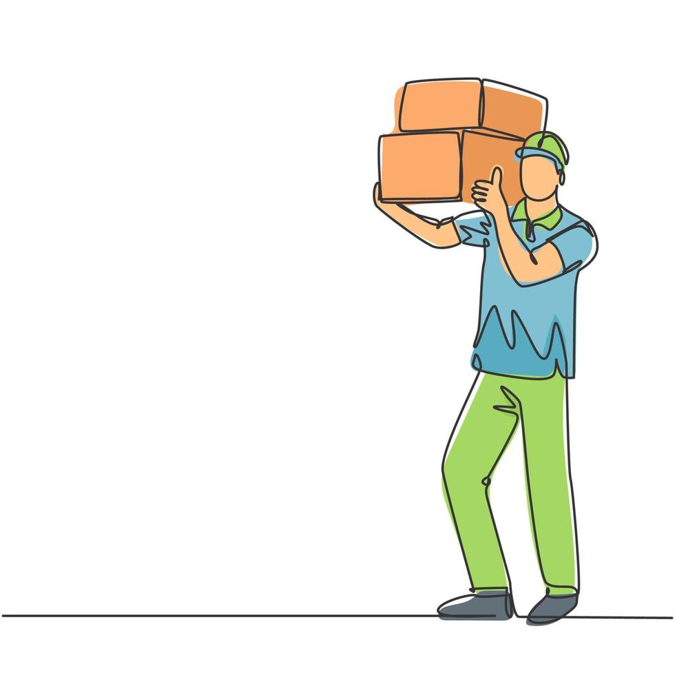 One line drawing of young happy delivery courier man gives thumbs up gesture while lift up carton box packages. Delivery service business concept. Continuous line draw design vector illustration