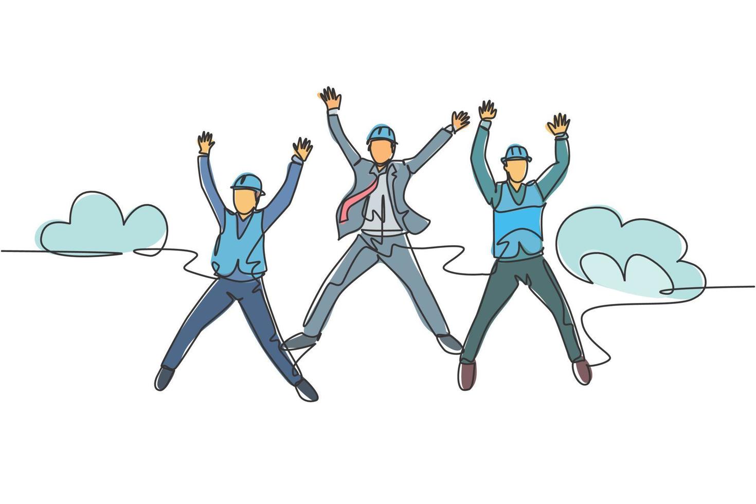 One line drawing of young happy business man and business woman jumping to celebrate their successive business. Business deal celebration concept. Continuous line draw design vector illustration