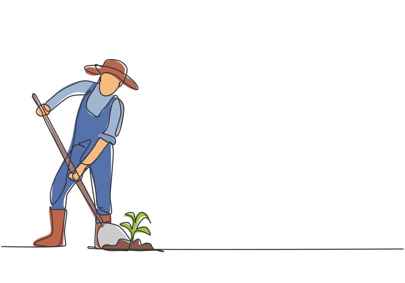 Single one line drawing of young male farmer shoveled the soil with the plants using a shovel. Farming challenge minimalist concept. Modern continuous line draw design graphic vector illustration.