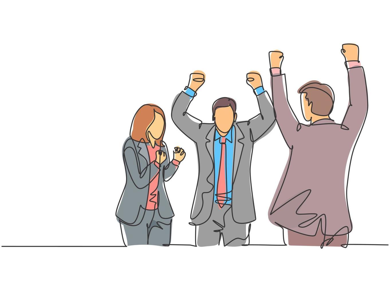 Single continuous line drawing of young happy male and female company founder punch fist to the air after company get investment. Business celebration concept one line draw design vector illustration