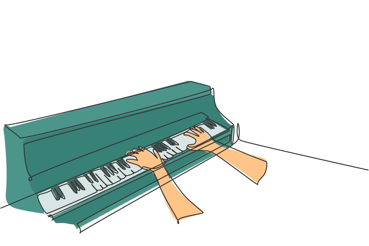 One continuous line drawing of young happy male pianist playing classic grand piano from side view. Musician artist performance concept single line draw design vector graphic illustration