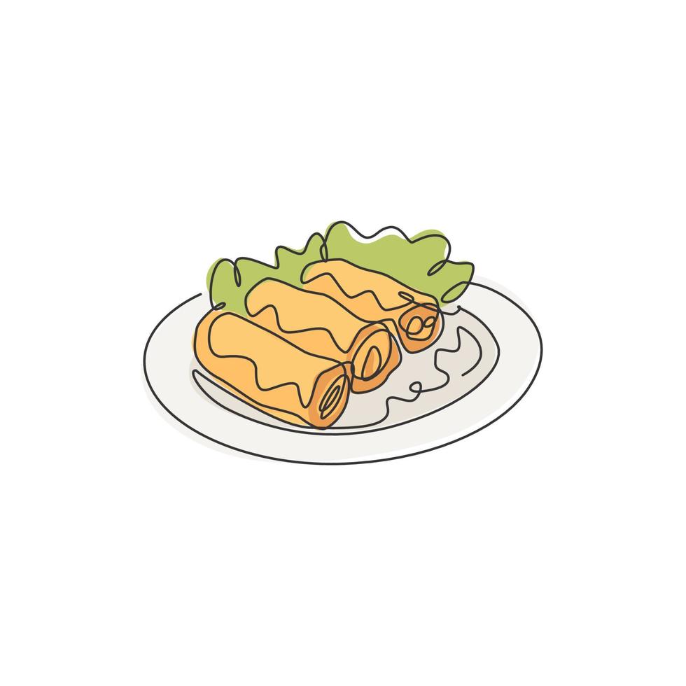 un dibujo de línea continua del delicioso y fresco emblema chino del logotipo del restaurante rollito de primavera. concepto de plantilla de logotipo de tienda de cafetería de comida asiática. ilustración gráfica de vector de diseño de dibujo de una sola línea moderna