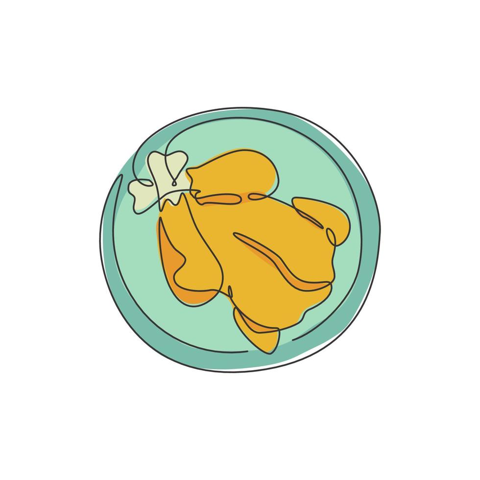 One continuous line drawing of fresh delicious roasted turkey menu at restaurant. Festival holiday food art concept. Modern single line draw design graphic vector illustration