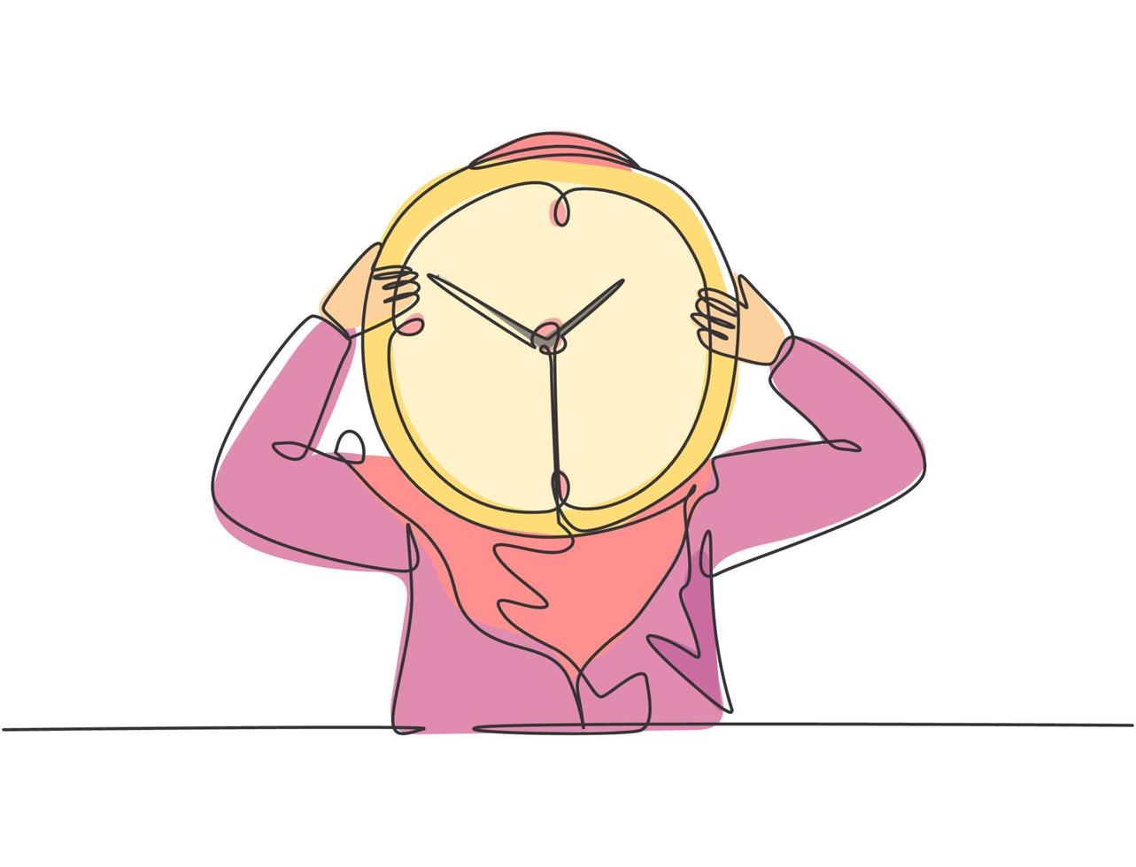 Single one line drawing of young Arabian business woman holding giant analog clock in front her head. Business time discipline metaphor concept. Continuous line draw design graphic vector illustration