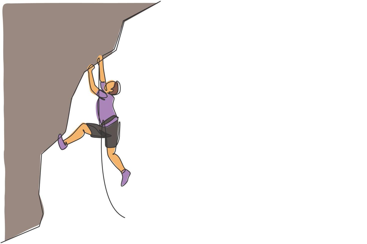 One single line drawing of young active man climbing on cliff mountain holding safety rope graphic vector illustration. Extreme outdoor sport and bouldering concept. Modern continuous line draw design