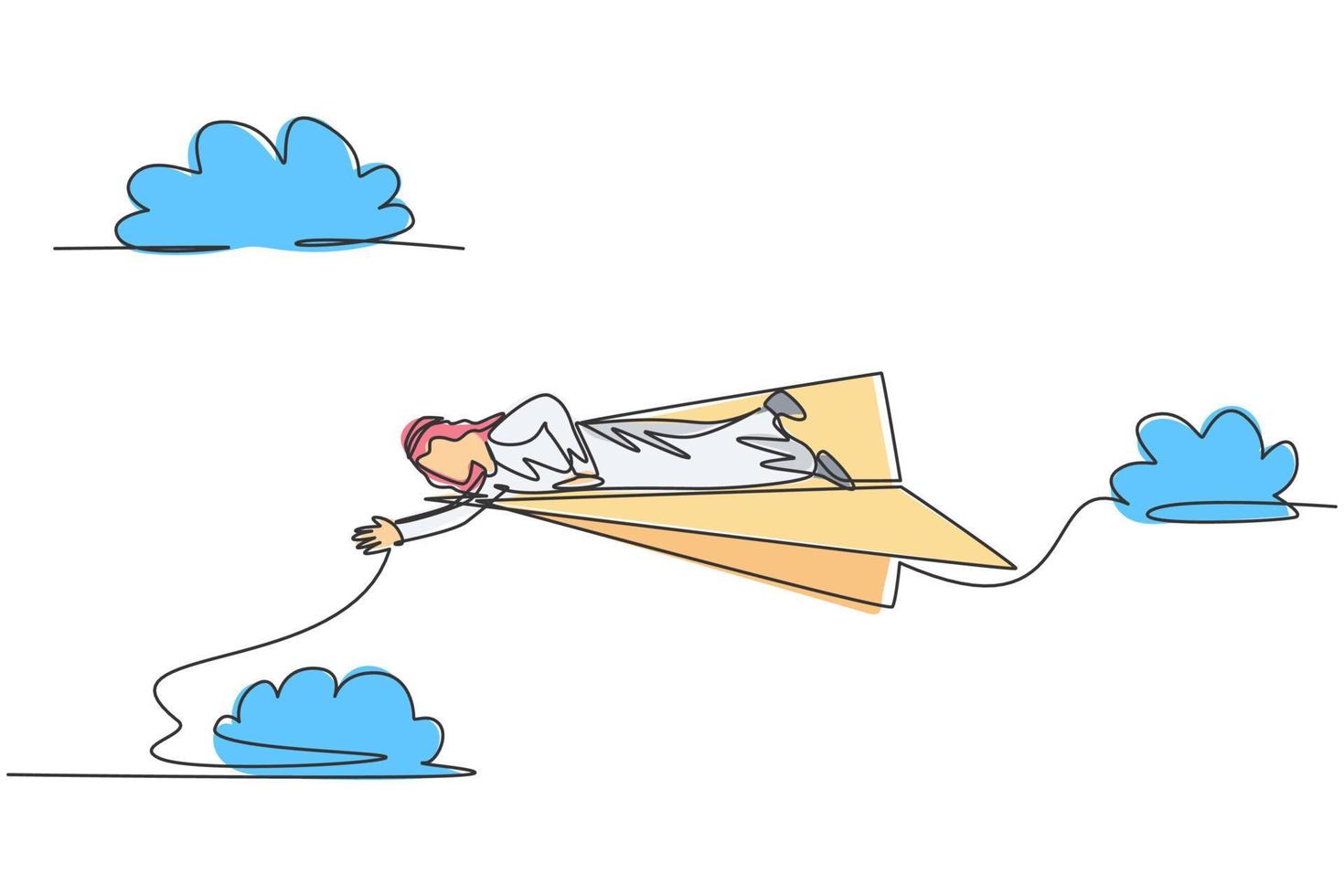 Un solo dibujo de línea continua de un joven empresario árabe tendido en un avión de papel volador para llegar a sus colegas de otoño. concepto de metáfora del minimalismo. Ilustración de vector de diseño gráfico de dibujo de una línea