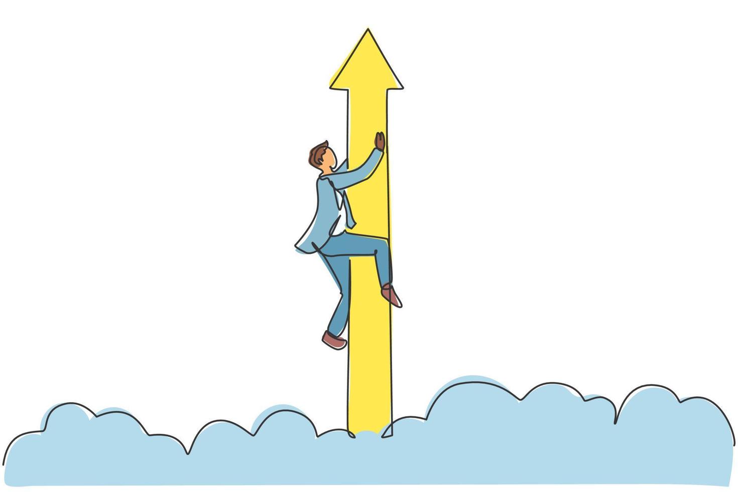 Single one line drawing young business man holding the flying up arrow sign through the cloud. Business market growth minimal concept. Modern continuous line draw design graphic vector illustration