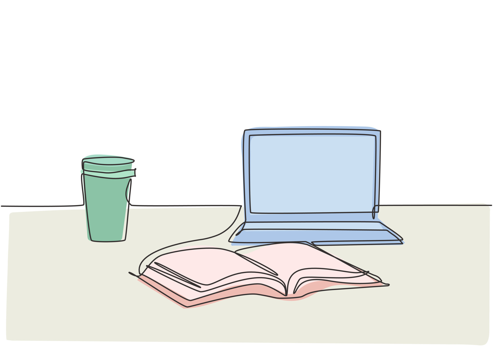 Single continuous line drawing of computer laptop, paper cup of coffee