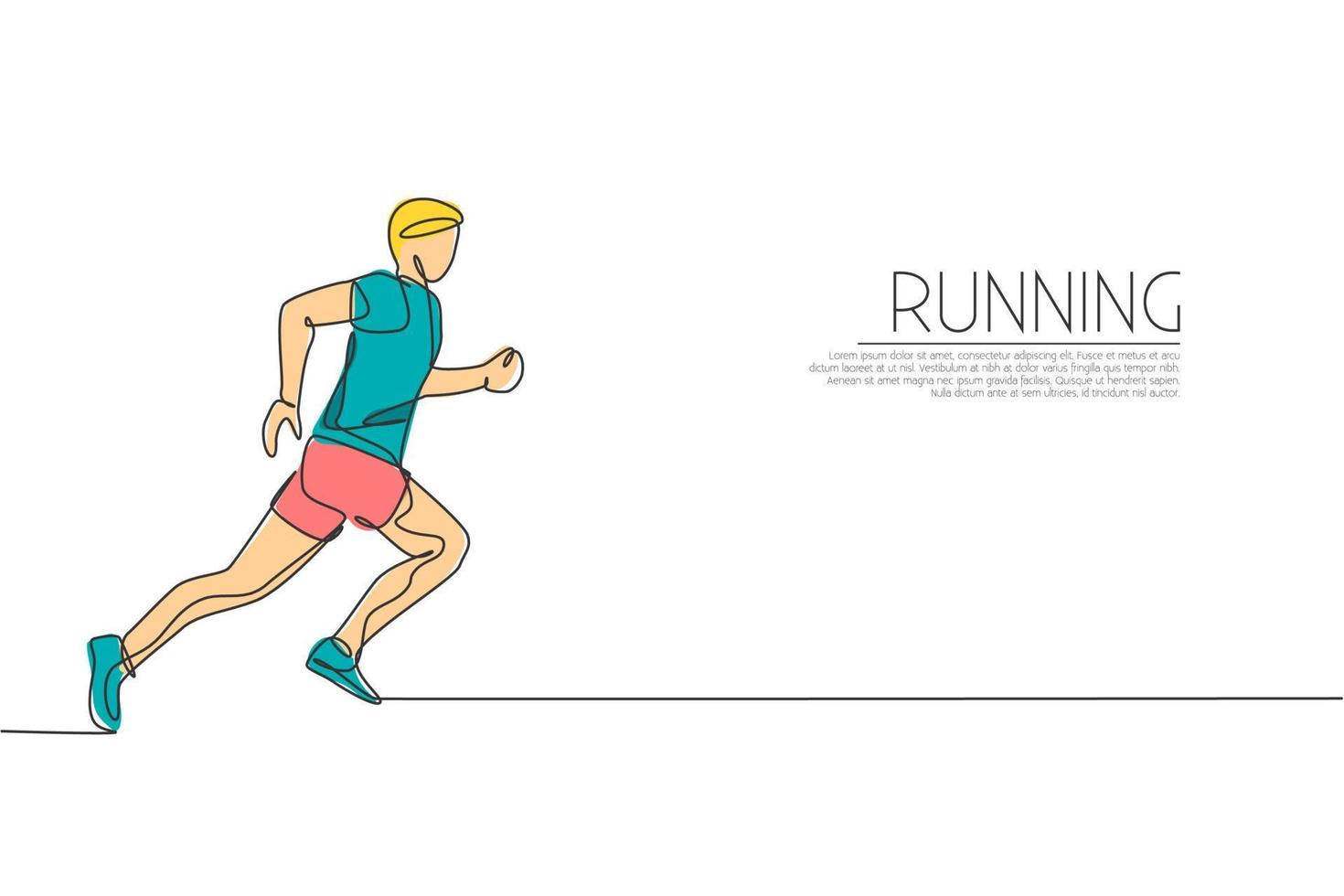 One single line drawing of young energetic man runner practice at run track vector illustration. Individual sports, training concept. Modern continuous line draw design for running competition banner