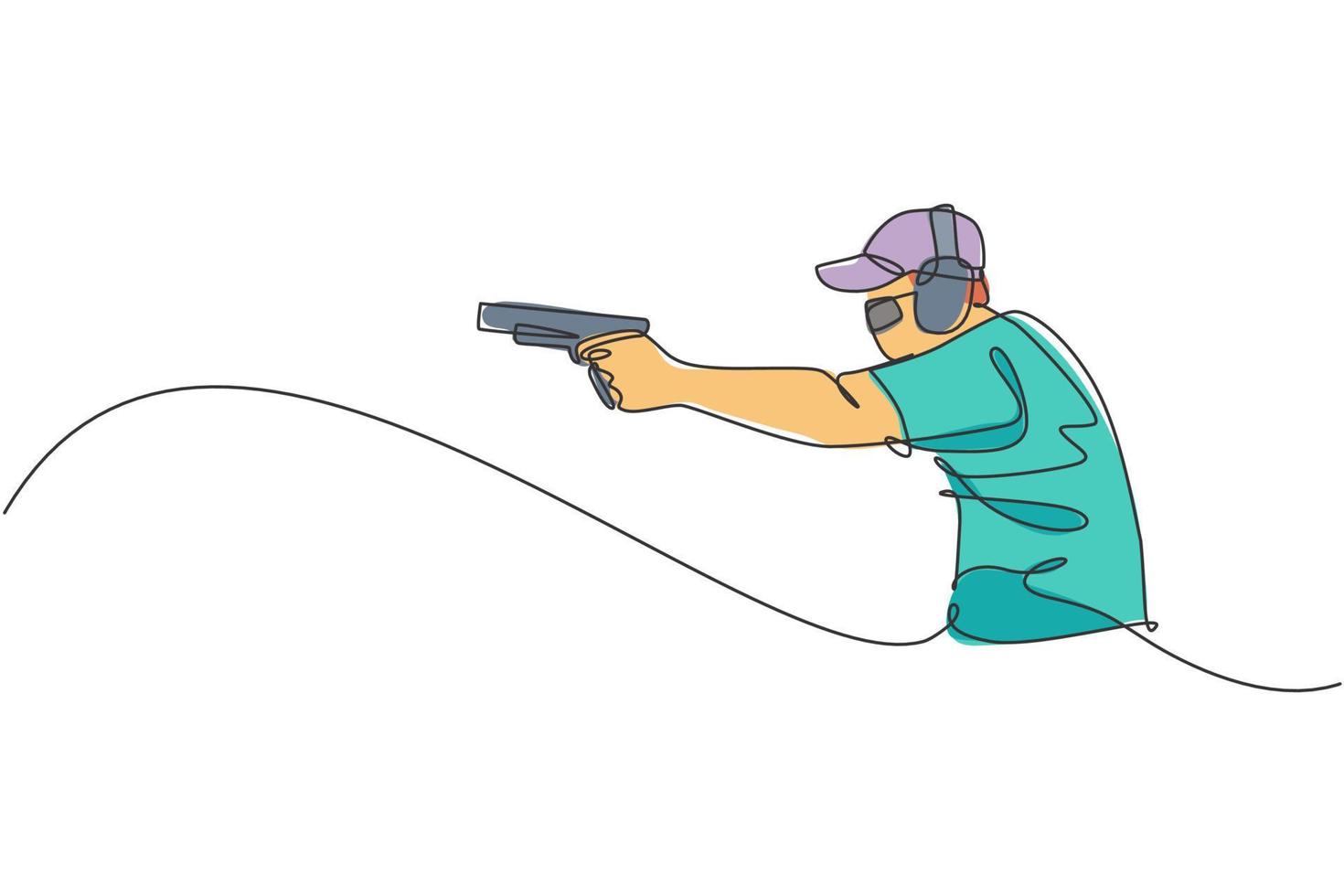 One single line drawing of young man practicing to shot target in range on shooting training ground vector graphic illustration. Clay pigeon shooting sport concept. Modern continuous line draw design